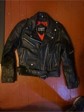 Straight To Hell Women’s  Black Leather Biker Jacket with Red Lining